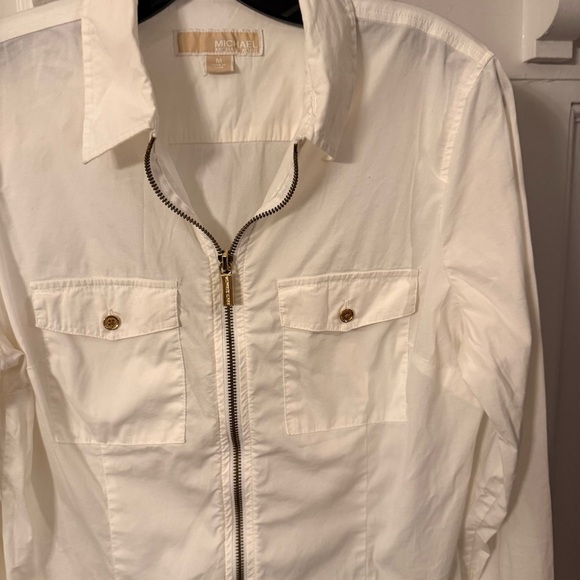 Michael Kors white full zip collared long sleeve top small stretch cotton Sz M - Picture 3 of 11